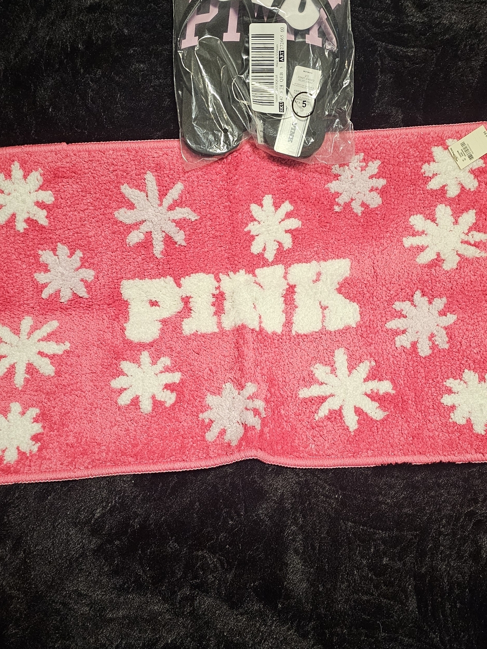 PINK Victoria's Secret Pink and White Floral Bath Mat And Size 5 Flips Flops